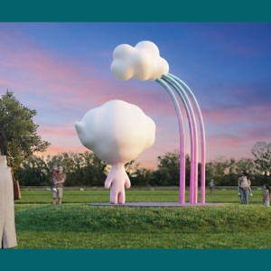 Open larger image in modal - A sculpture depicting a human-like form with a puffy cloud as a head. A small puffy cloud floats above them. 