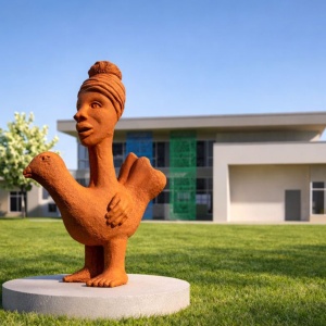 Open larger image in modal - A brownish clay colored sculpture depicting a bird with large human feet and a woman's head and next extending from the back.