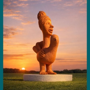 Open larger image in modal - A brownish clay colored sculpture depicting a bird with large human feet and a woman's head and next extending from the back.