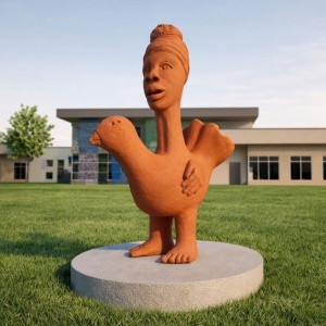 Open larger image in modal - A brownish clay colored sculpture depicting a bird with large human feet and a woman's head and next extending from the back.