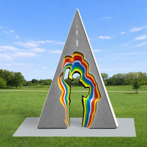Open larger image in modal - A triangular sculpture with a silhouette of a person in the center. On the front the person is surrounded by a paved road. On the back the mirrored surface reflects the surrounding park.