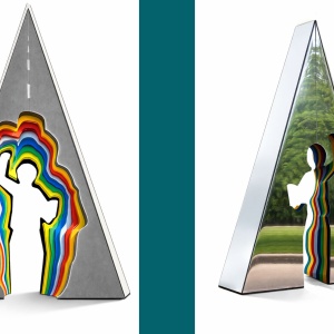 Open larger image in modal - A triangular sculpture with a silhouette of a person in the center. On the front the person is surrounded by a paved road. On the back the mirrored surface reflects the surrounding park.
