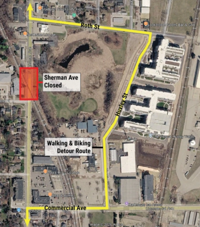 Sherman Ave Bike - Ped Detour. From Sherman Ave at Commercial, continue down commercial and turn left on Huxley St. Continue down to turn left at Roth St. Then turn right onto North Sherman Ave.