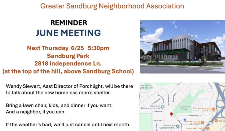Greater Sandburg Neighborhood Association June meeting reminder