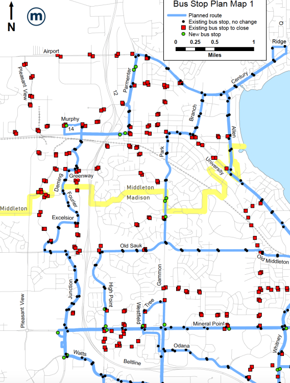 Map showing bus stops that Madison Metro proposed to keep, close and add prior to the implementation of the redesign