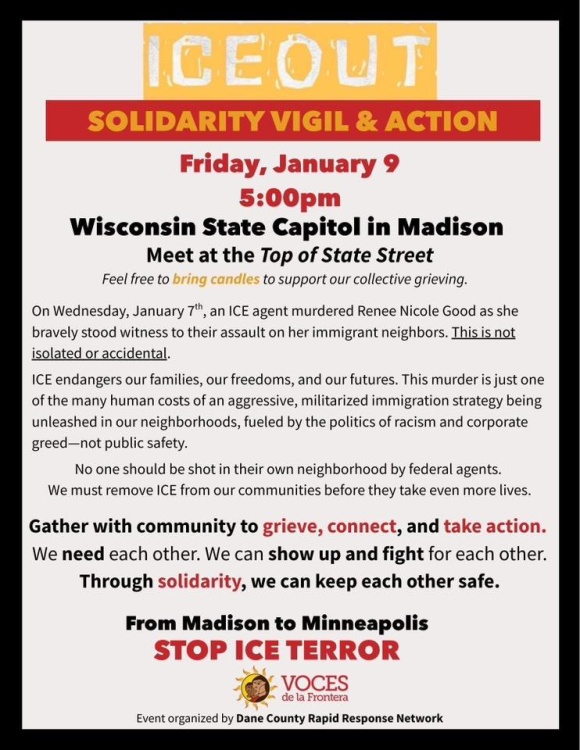 A poster describing Voces de Frontera's call to action to protest the murder of Renne Good. The event is at 5PM on January 9th at the Capitol.