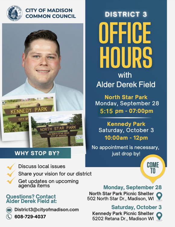 Flyer for upcoming district 3 office hours, details in the blog post text