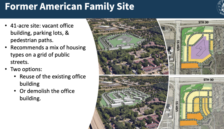 Two potential site concepts for the old AmFam property, depending on whether the existing building is retained