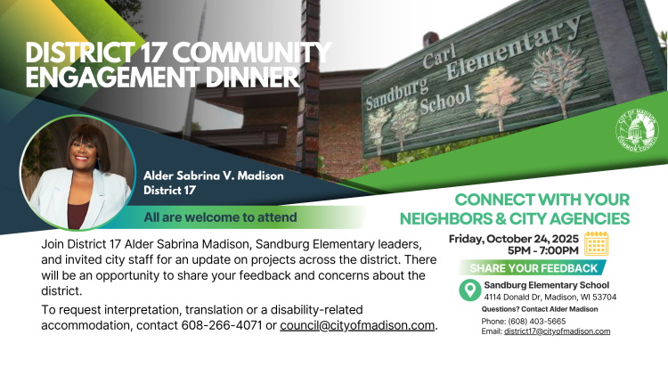 Photo of Sandburg Elementary sign and a headshot of Alder Madison