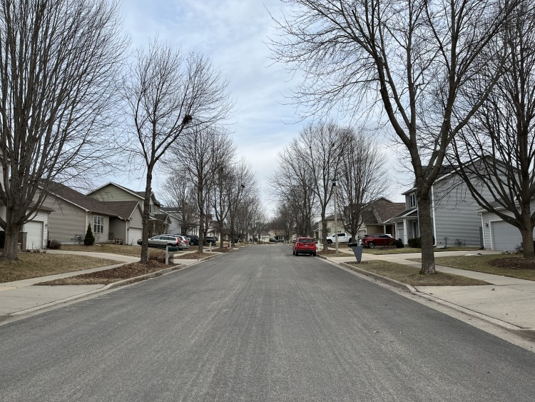A view down the street in a residential neighborhood