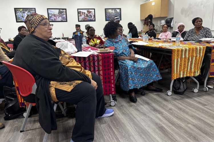 A group of people listens to a presentation at the African Center