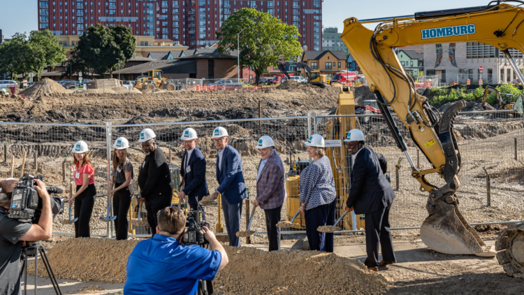 Mayor Satya Rhodes-Conway breaks ground on the Triangle redevelopment with Gov. Tony Evers, Rep. Mark Pocan, and Secretary Elmer Moore of WHEDA