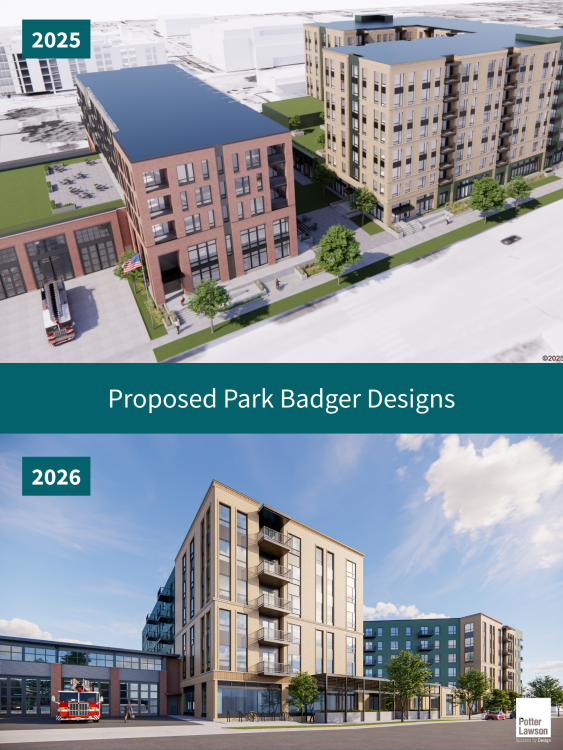 Comparison of the previous Park Badger redevelopment design proposal from 2025 and the new proposal for 2026