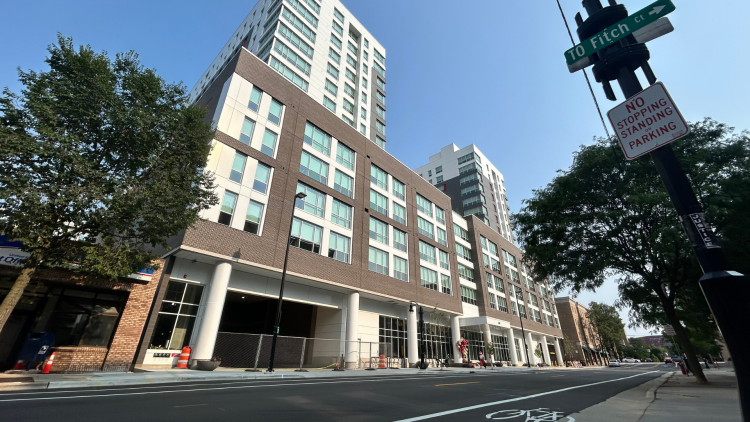 Exterior of the completed State Street Campus Garage redevelopment viewed from across Lake Street