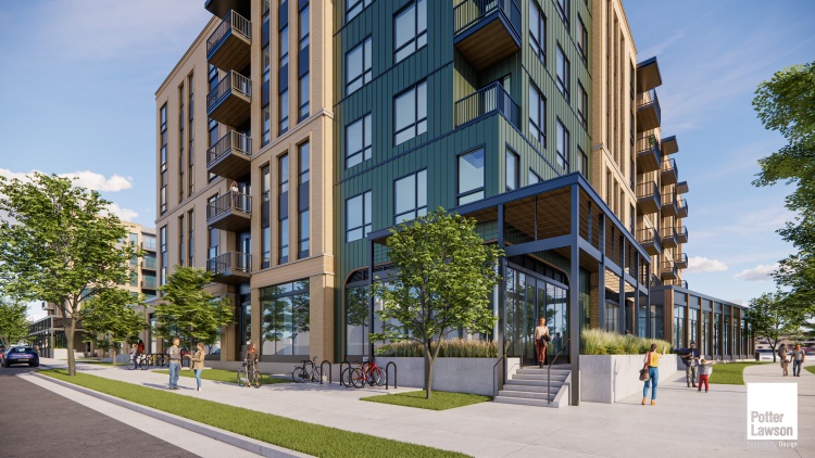 Rendering of new designs for the proposed Park Badger redevelopment, viewed from the entrance to PHMDC