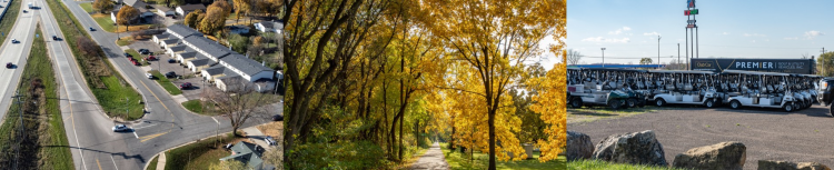 Three images from the northeast area including an aerial of a street, a path, and Premier's parking lot. 