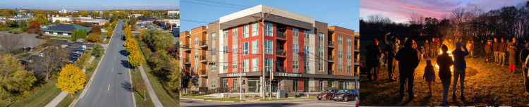 Multiple images from the southeast area including bonfire, street view, and Ace Apartments. 