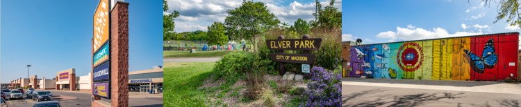 Three images Home Depot parking lot, Elver park, and a mural. 