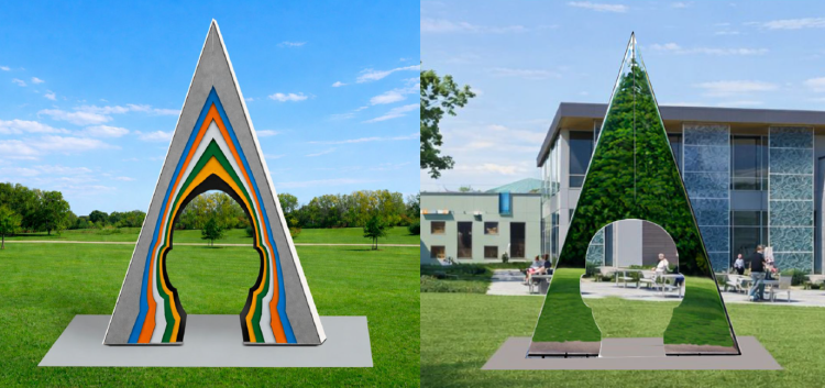 A sculpture of a head composed of layered colors that form a passageway.