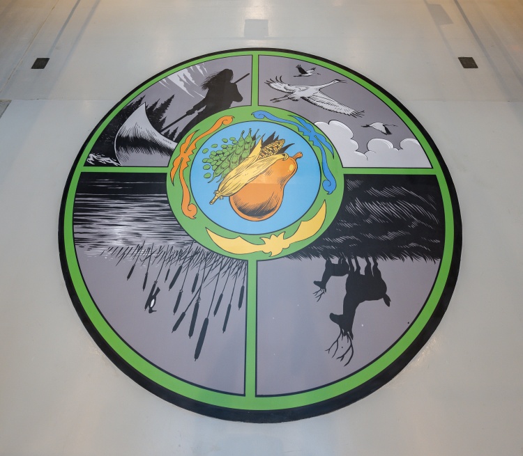 Artwork showing A person paddling a canoe, Marshland plants and water, Cranes in flight, Deer in prairie grassland 