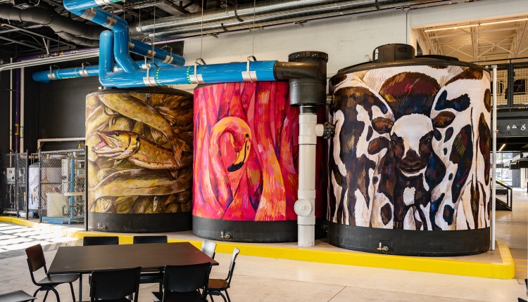 Murals of a musky, a flamingo, and a cow painted on water cisterns in the Madison Public Market