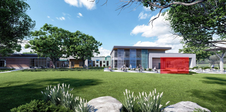 Computer rendering of the back patio of the Imagination Center at Reindahl Park