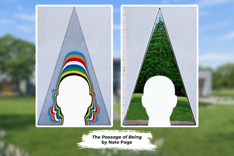 One side of the sculpture is unpolished steel, while the other side is reflective steel.