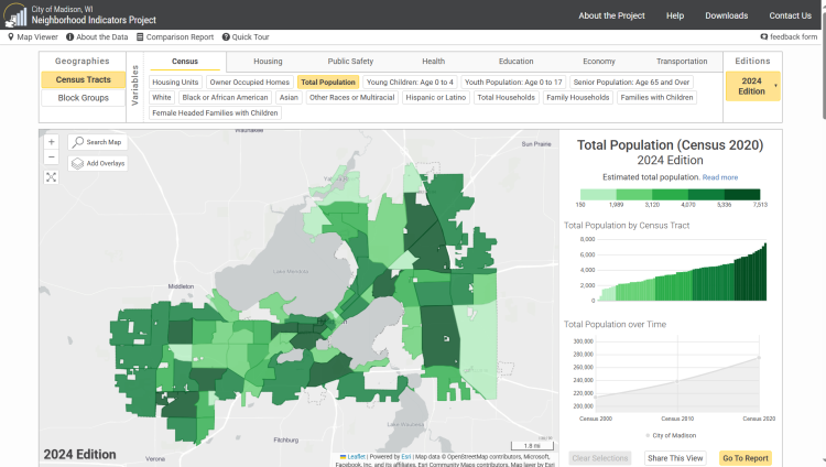 Screenshot of 2024 Neighborhood Indicators Project showing a map of Madison