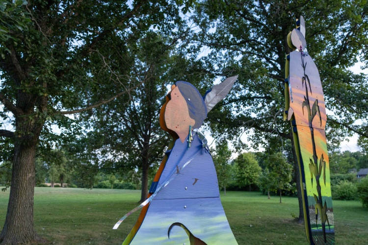 A close-up of one of the sculptures inspired by the Legend of the Three Sisters