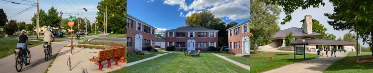 Three images from west area including a bike path, apartments, and Garner Park. 