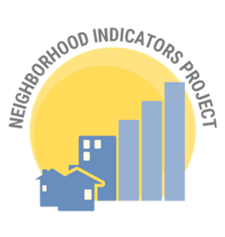 Neighborhood Indicators Project logo. The logo has purple buildings that turn into a bar graph. The background is a yellow circle.