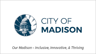 Back of the business card, with the city logo and vision: Our Madison - Inclusive, Innovative, and Thriving
