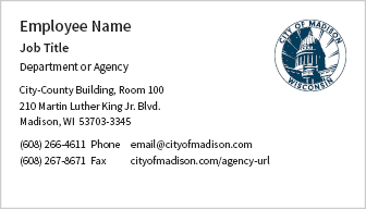 Business card example with the employee name, job title, agency, address, and contact information.