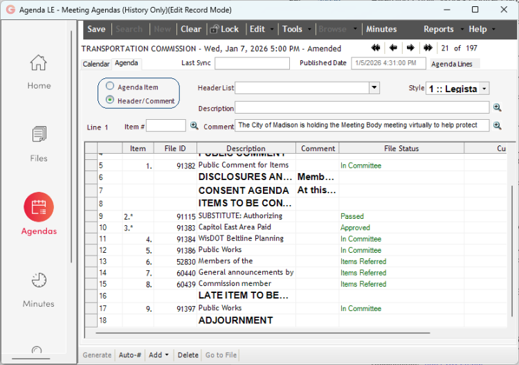 TC agenda in Legistar