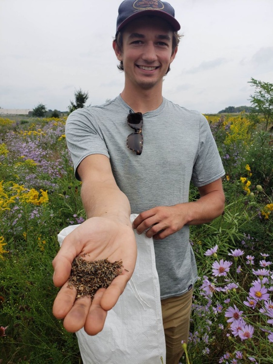 Intern Dan Seed Collecting with hand held toward camera with seeds in palm