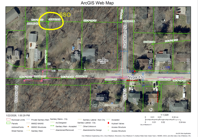 Map of location of sanitary sewer overflow on madisons south side