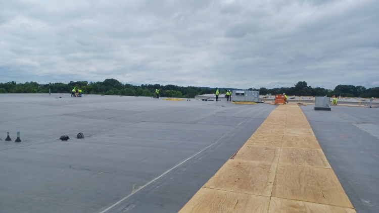A view while standing on temporary plywood sheeting walkway overlooking the newly installed black EPDM roof.