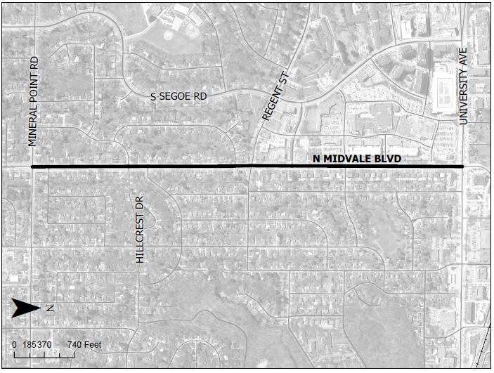 Construction project on N Midvale Blvd between Mineral Point Road and University Avenue.