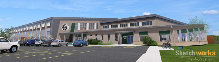 A rendering of a gray and tan building showing the front entrance from the parking lot.