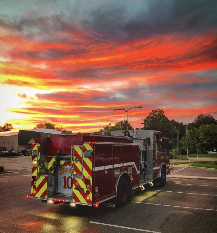 Engine 10 against the sunset