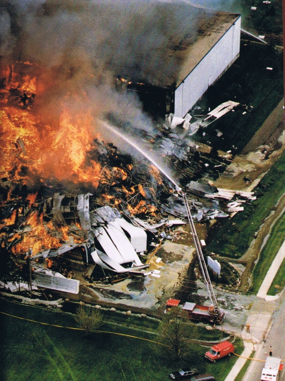Overhead view of Central Storage Warehouse fire
