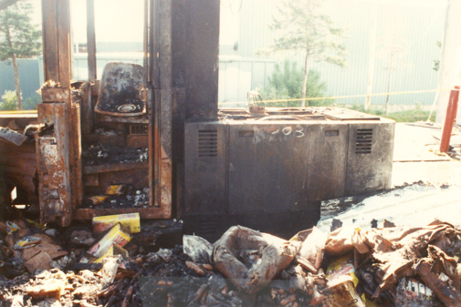 Fire-damaged fork lift