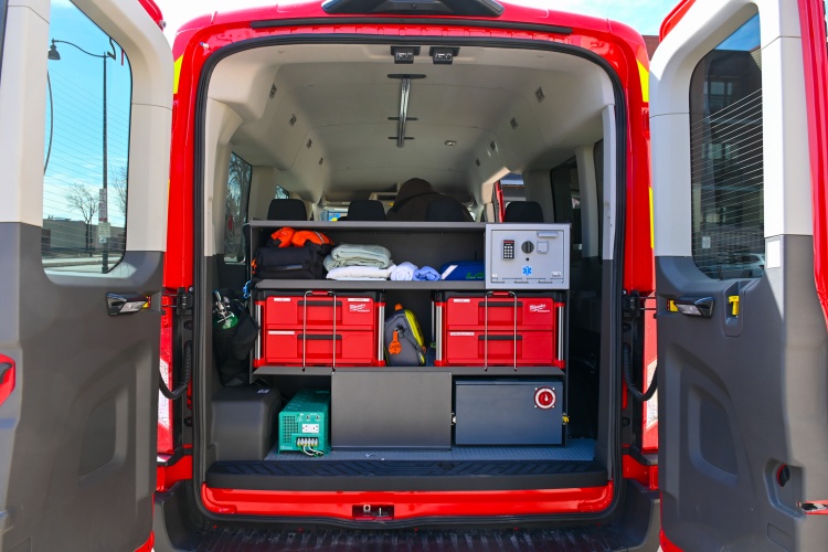 The back of the van carries medication and a variety of supplies