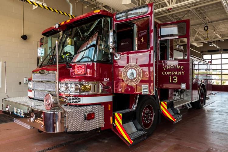 A Fire Engine parked in the station.