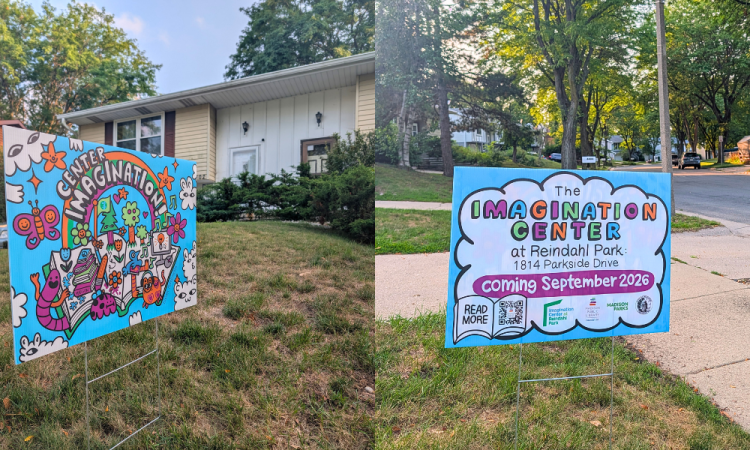 Yard Sign design created by artist Jinx King celebrating the opening of the Imagination Center at Reindahl Park.