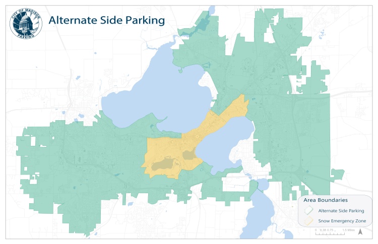 Map showing boundaries of the Snow Emergency Zone in yellow, and the Alternate Side Parking areas in green.