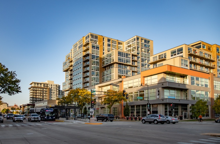 Bus Rapid Transit station in front of the Galaxie apartments on East Washington Ave.