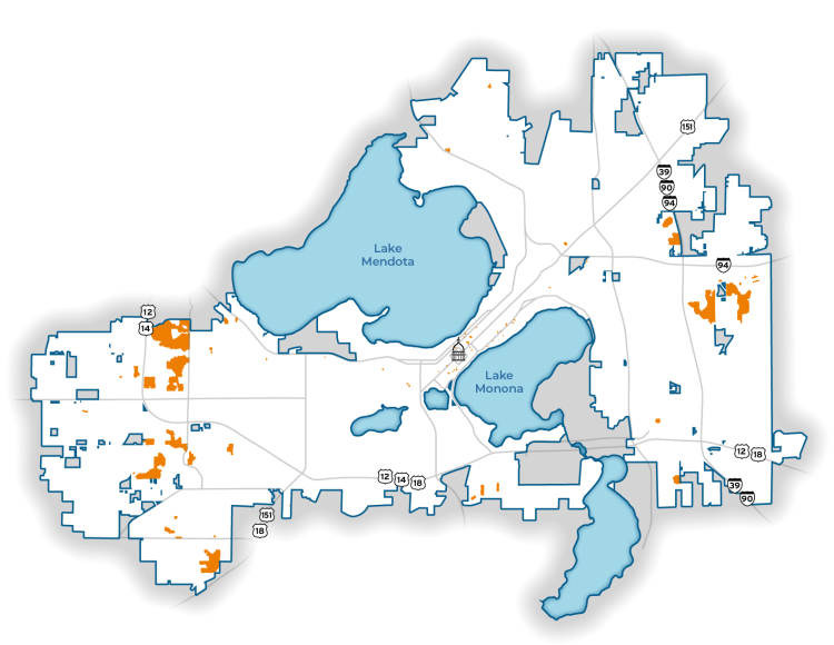 Map showing areas of Madison with single-family or two-family Planned Development zoning