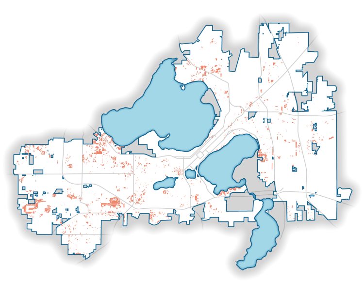 Map showing the approximate locations of residential lots that meet size requirements for a backyard lot division