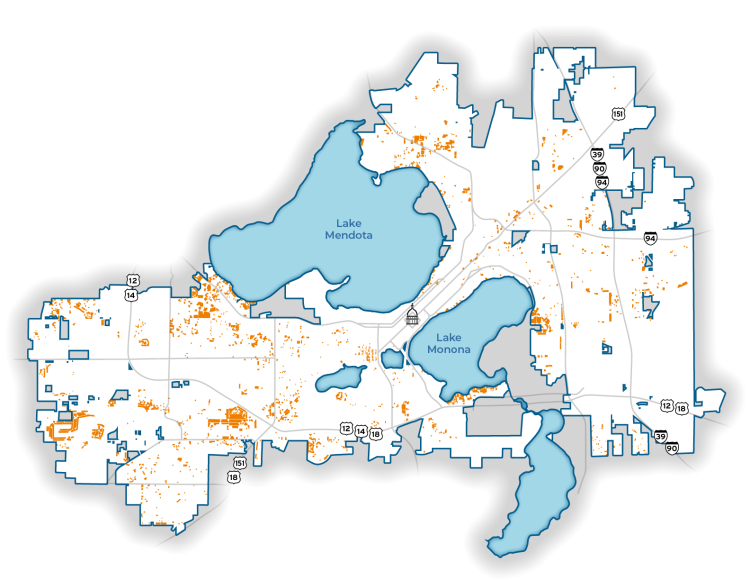 Map showing areas of Madison currently large enough to support a backyard lot division